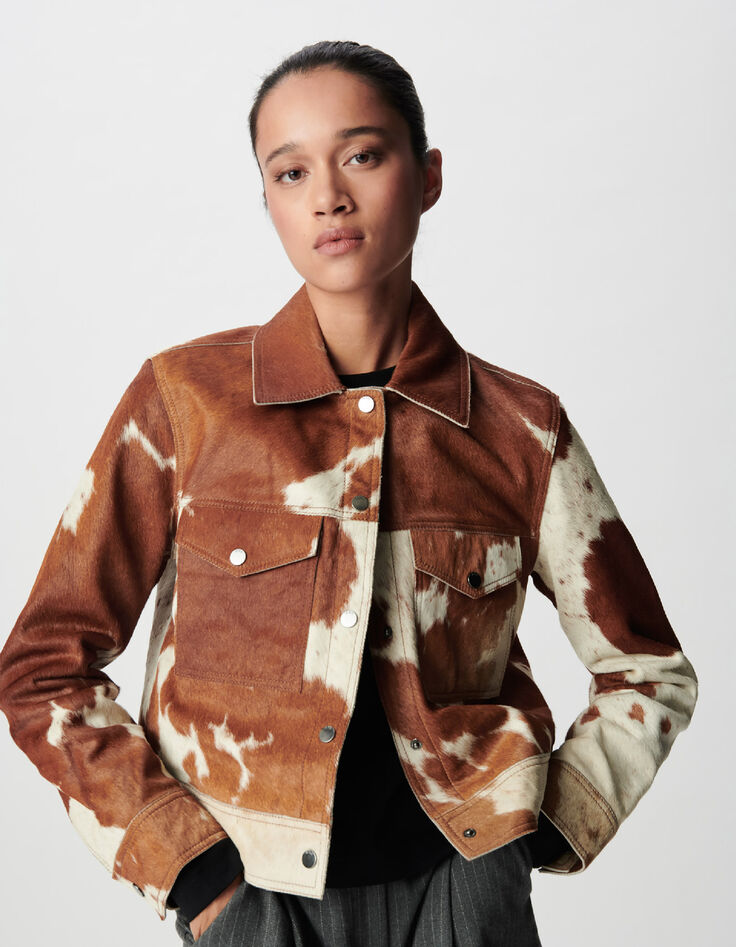 Veste courte en cuir marron motif vache Femme-2