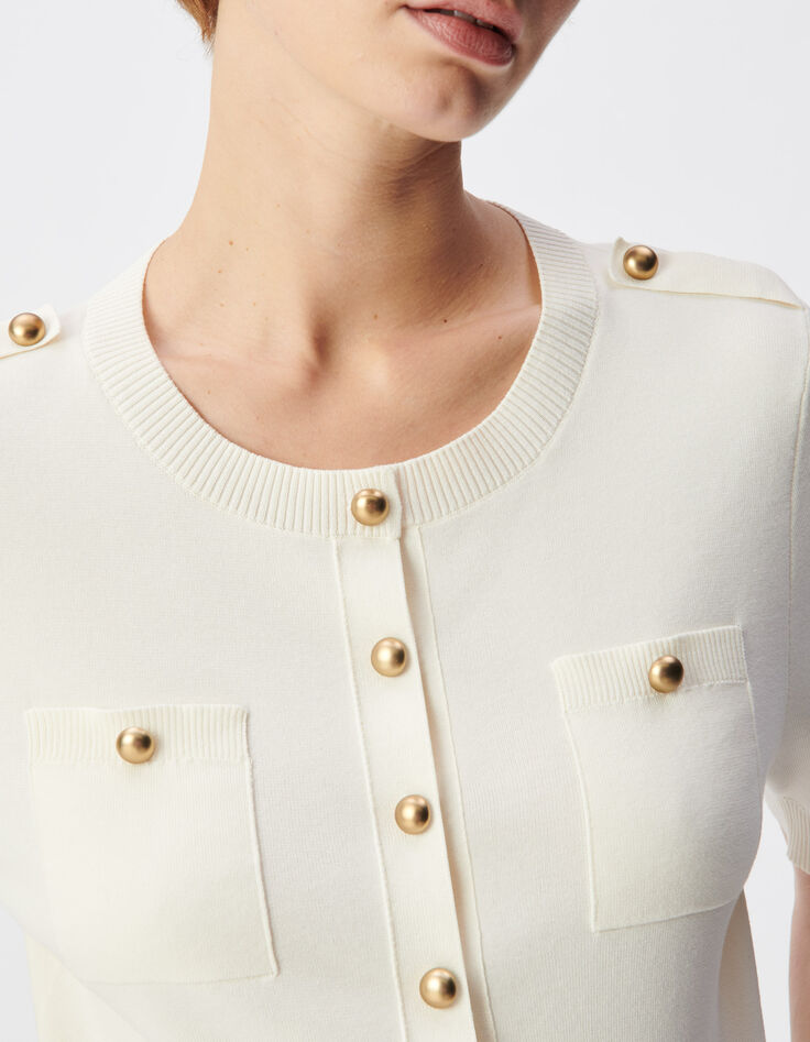 Wei&szlig;e STRICKJACKE mit zwei Taschen und kurzen &Auml;rmeln f&uuml;r Damen-4
