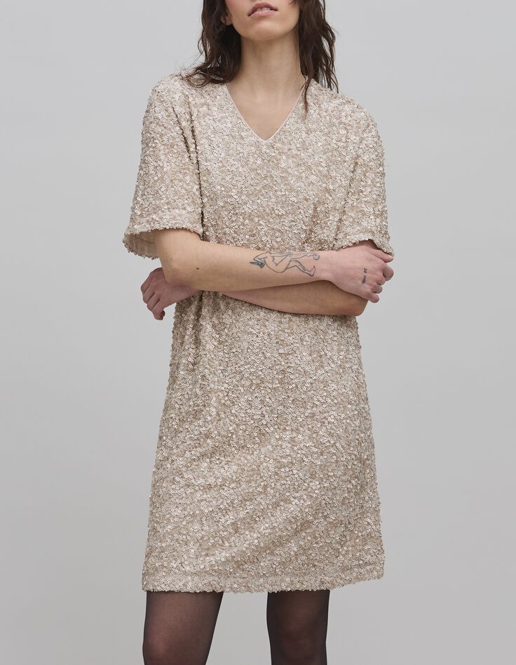 Champagnerfarbenes Kleid mit Paillettenbestickung Damen-2