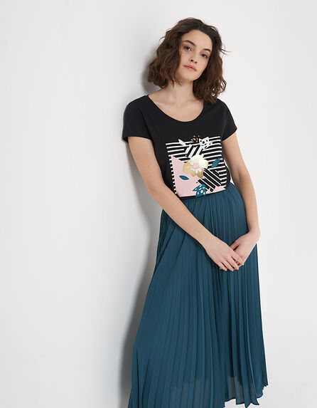 Schwarzes T-Shirt mit Streifen-Blumen-Print I.Code