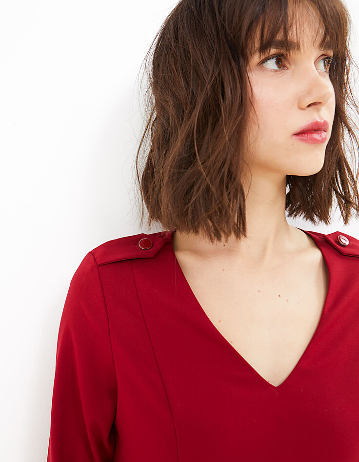 Vestido rojo profundo con hombreras con botones mujer-1 Vestido rojo profundo con hombreras con botones mujer-1