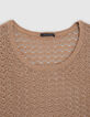 Sesamfarbener Damen-Strickpullover mit Lochmuster-4