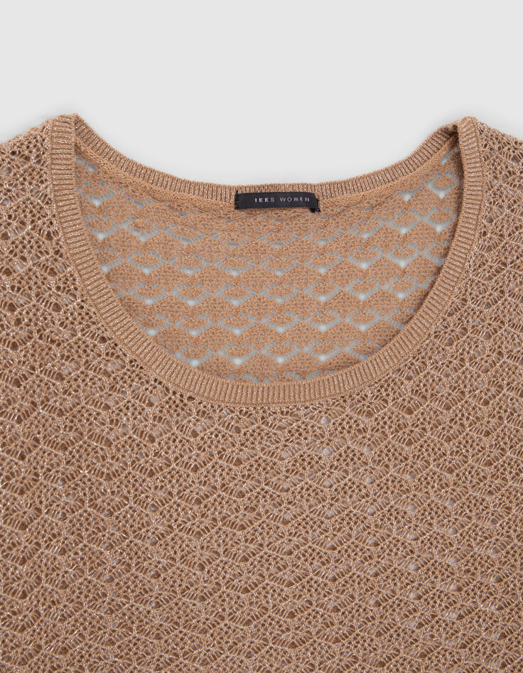 Sesamfarbener Damen-Strickpullover mit Lochmuster-4