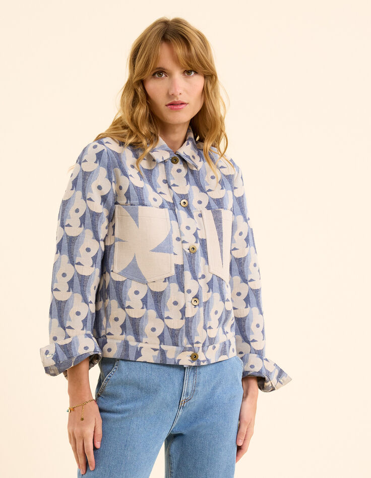Veste bleue jacquard motif fleurs I.Code-4