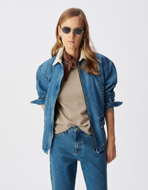 Veste en jean bleu col velours &eacute;cru Femme - IKKS