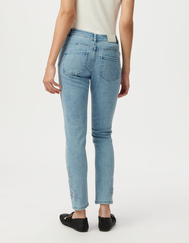Blaue Slim-Damenjeans hoher Bund 7/8.-Dekor Stick-4