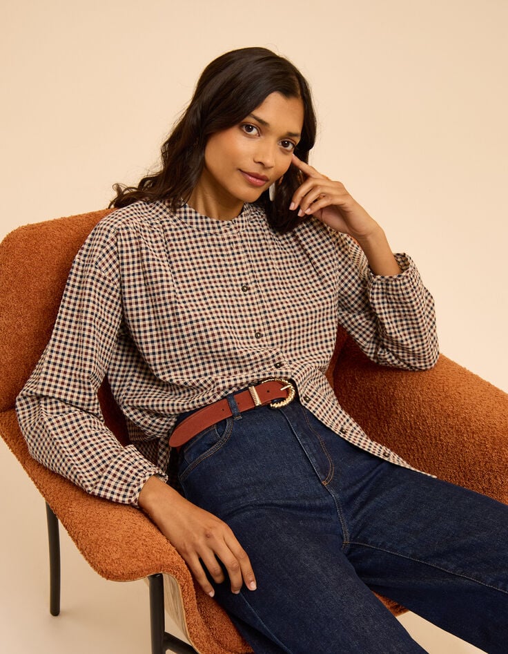 Camel blouse seersucker vichymotief I.Code-1 Camel blouse seersucker vichymotief I.Code-1