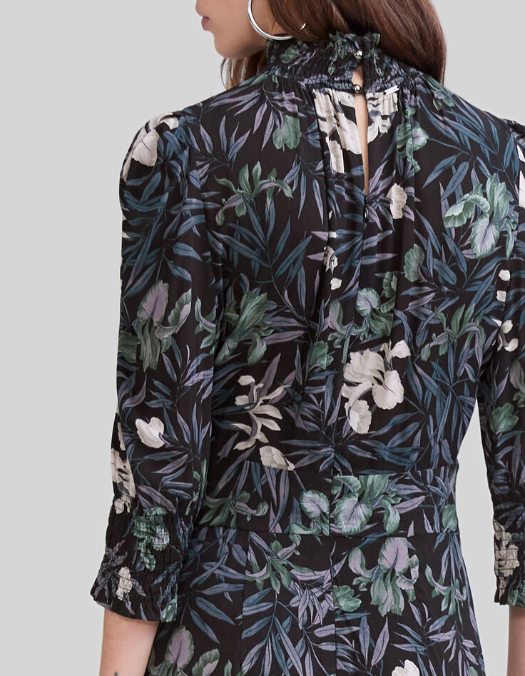Schwarzes Midi-Damenkleid mit Orchideenprint-6