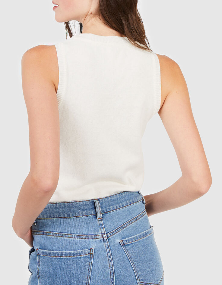 Cardigan écru tricot fin rayures sans manches I.Code-4
