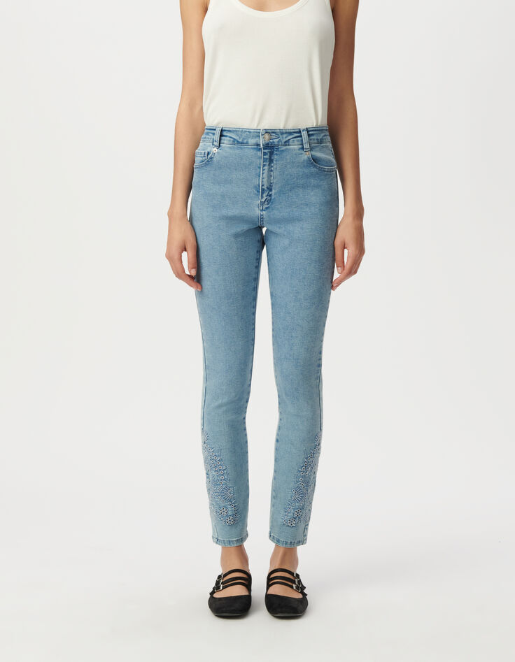 Blaue Slim-Damenjeans hoher Bund 7/8.-Dekor Stick-2