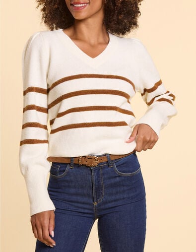 Pull &eacute;cru tricot ray&eacute; camel I.Code