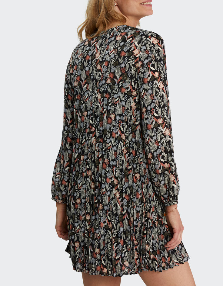 Robe noire plissée à imprimé végétal I.Code-4