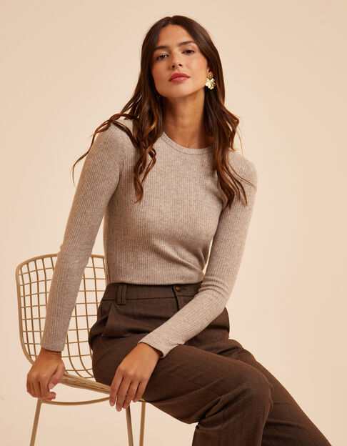 I.Code beige lurex ribbed knit long-sleeved T-shirt