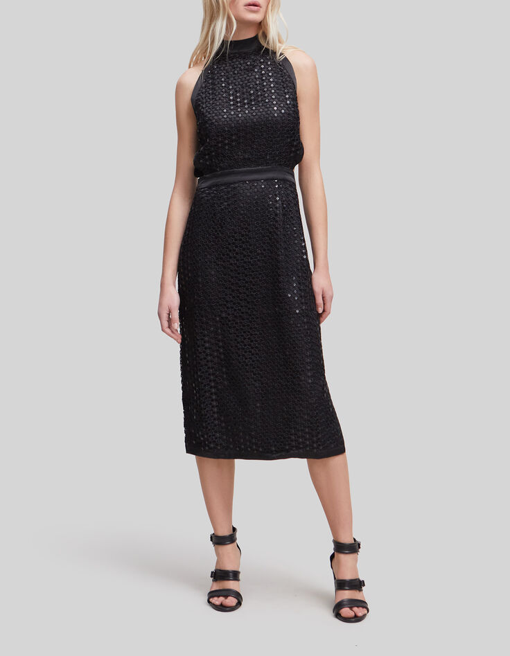 Schwarzes Damen-Midikleid mit Spitze amerikanische &Auml;rmel-2