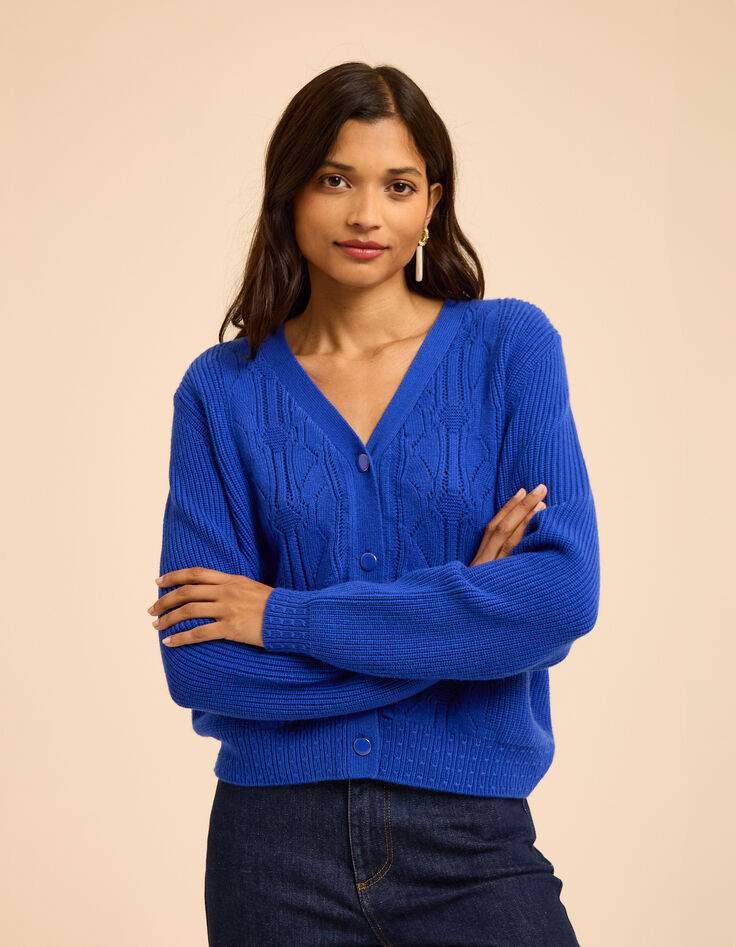 Cardigan encolure V bleu tricot fantaisie I.Code-1