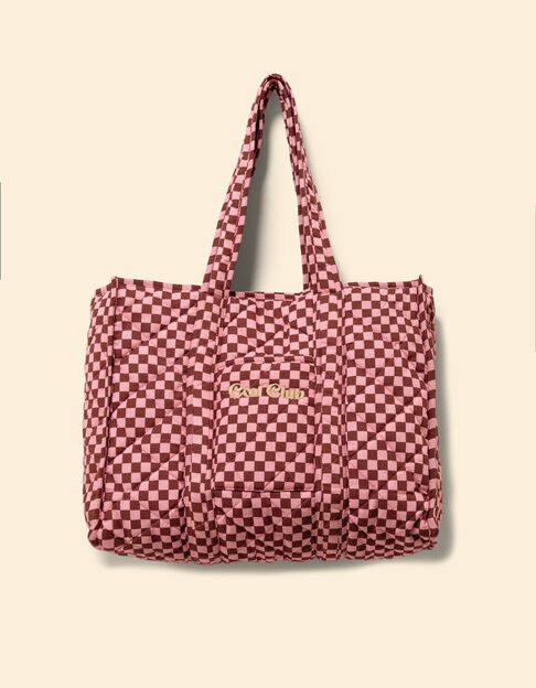 Sac cabas rose motif damier broderie message I.Code
