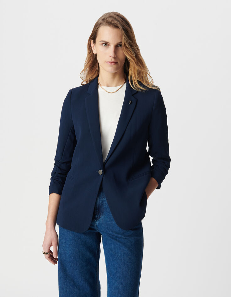 Damen 3/4 R&uuml;schen&auml;rmel navy Anzugjacke-2