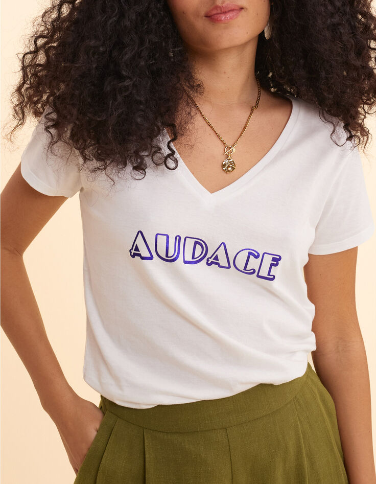 T-shirt col V blanc message bleu m&eacute;tallis&eacute; I.Code-1