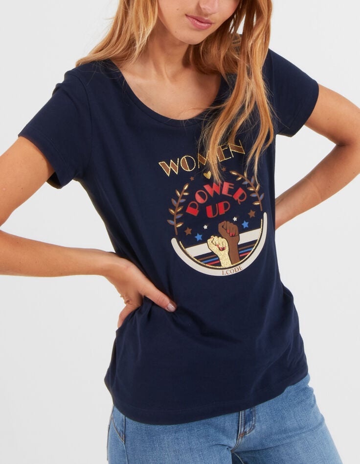 Tee-shirt navy bio message et paillettes dorées I.Code -1 Tee-shirt navy bio message et paillettes dorées I.Code -1