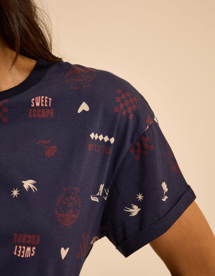 Schwarzes Kurzarm-T-Shirt blaues Wappen I.Code-6 Schwarzes Kurzarm-T-Shirt blaues Wappen I.Code-6