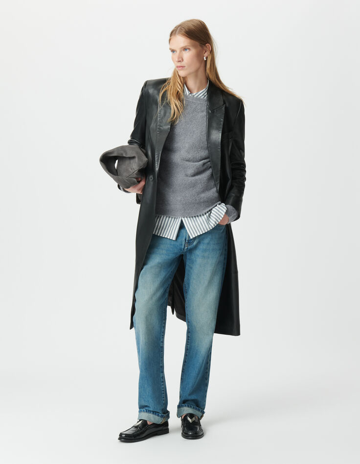 Schwarzer, langer Oversize-Damenledermantel-1