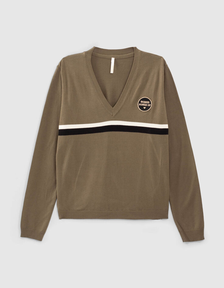 Pull kaki tricot badge et rayures bicolores I.Code-6 Pull kaki tricot badge et rayures bicolores I.Code-6