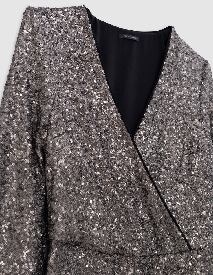 Graues Metallic-Pailletten besticktes Damen-Wickelkleid -3