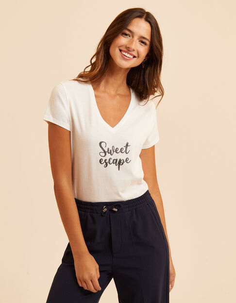 Tee-shirt blanc message pailleté noir I.Code
