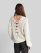 Cremefarbener Damen-Strickpullover Maxi hinten geschn&uuml;rt-3