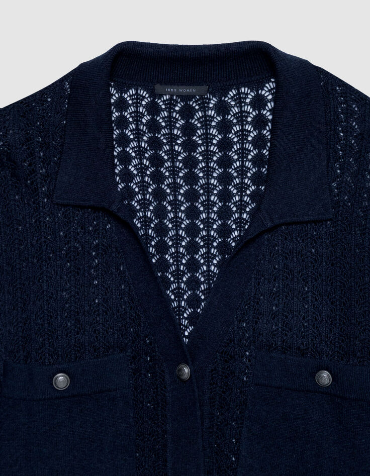 Marineblaue durchbrochene kurze STRICKJACKE f&uuml;r Damen-7