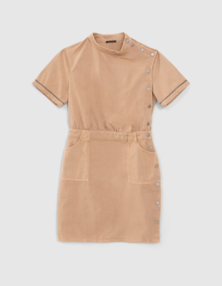 Camelfarbenes Damen-Jeanskleid Druckkn&ouml;pfe Schmuckborte-6