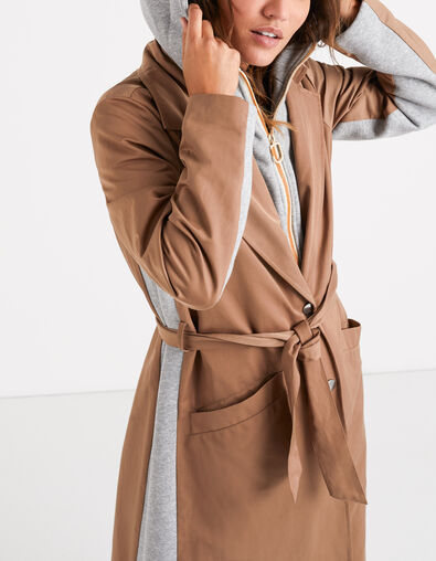 I.Code caramel trench coat, grey sweatshirt fabric facing - I.CODE