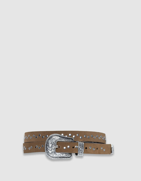 Ceinture camel cuir velours clout&eacute; boucle western Femme - IKKS