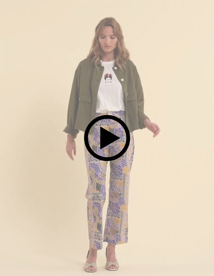 Pantalon large parme imprim&eacute; perroquets I.Code-9