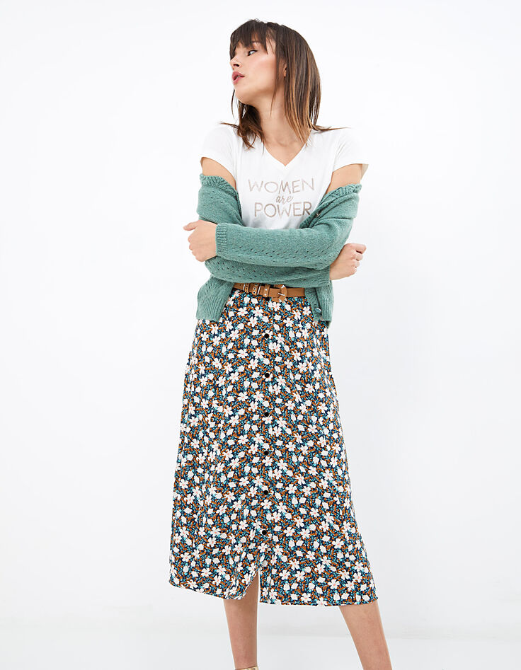 Blauwe midi-rok witte bloemenprint dames-1