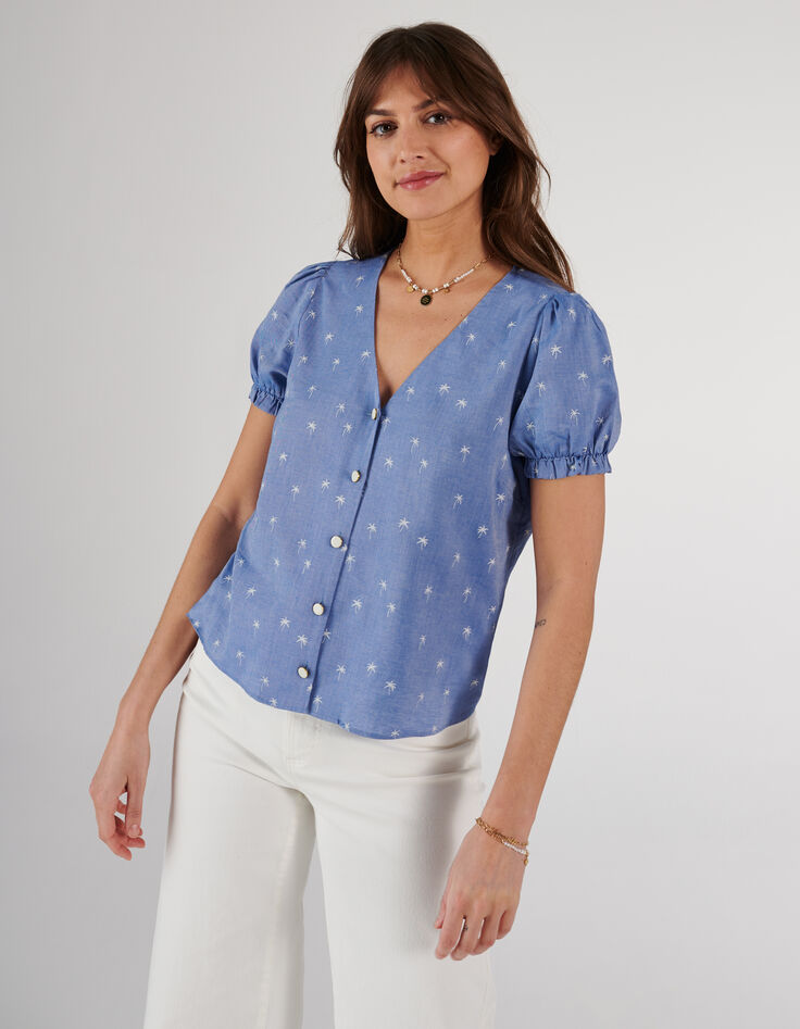 Top bleu à motif palmiers I.Code-2 Top bleu à motif palmiers I.Code-2