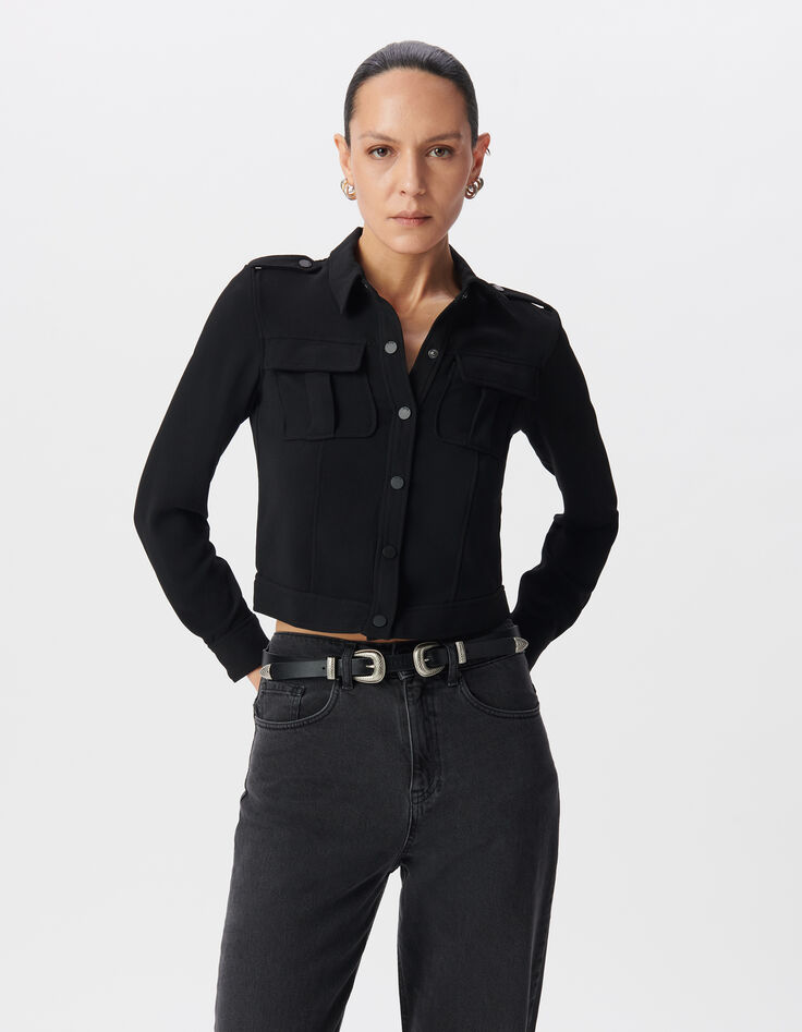 Schwarzes Kurzarmhemd Damen Leistentaschen-2