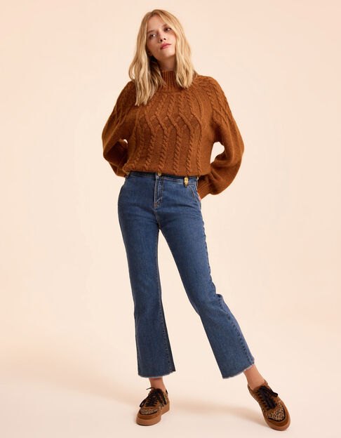 Flared blue cropped jeans fringed bottoms I.Code