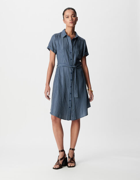 Marineblaues Hemdkleid f&uuml;r Damen mit wei&szlig;en Streifen - IKKS