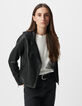 Women's black leather biker jacket with detachable hood-5