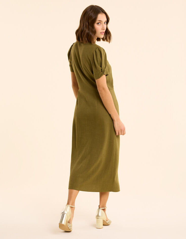 Vestido midi caqui abotonado en mezcla de lino I.Code-3