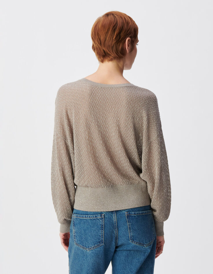 Schicker beigefarbener durchbrochener Pullover mit Paillettenbesatz f&uuml;r Damen-3