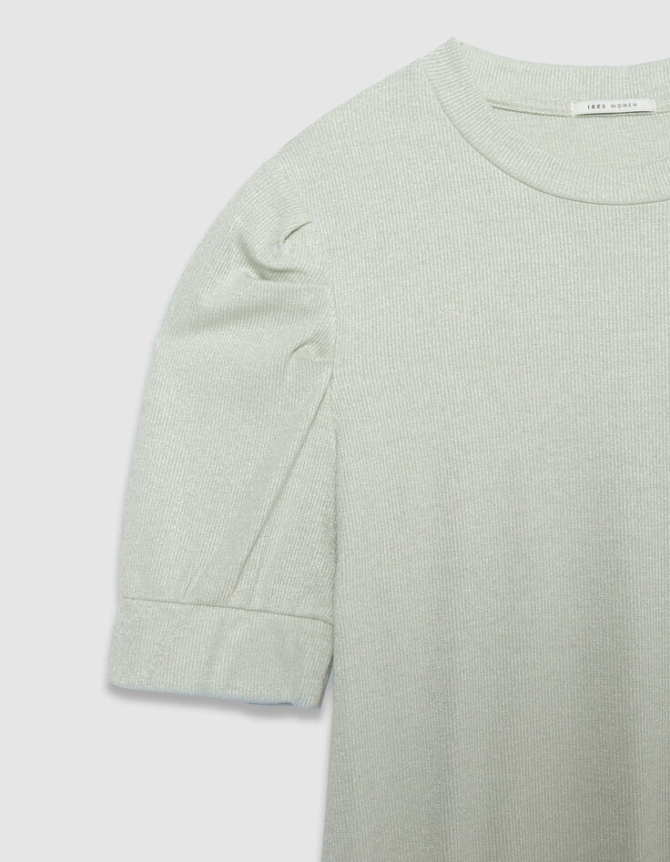 Gr&uuml;nes paillettenbesetztes Damen-Rundhalsausschnitt-T-Shirt mit gerafften &Auml;rmeln-8