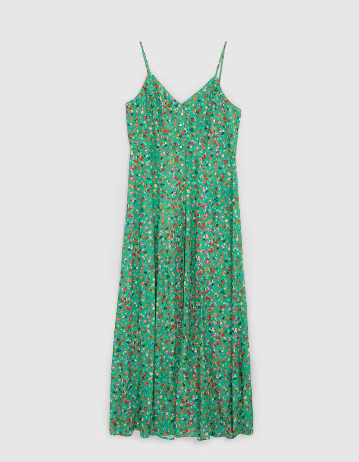 Vestido verde pradera con estampado floral tachista y tirantes finos I.Code - I.CODE
