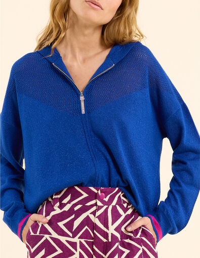 Blaue STRICKJACKE mit Kapuze und Reißverschluss, Lurexstrick I.Code