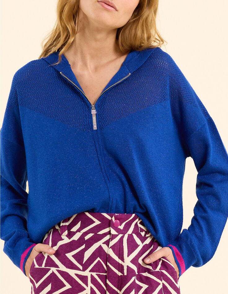 Blaue STRICKJACKE mit Kapuze und Reißverschluss, Lurexstrick I.Code-1