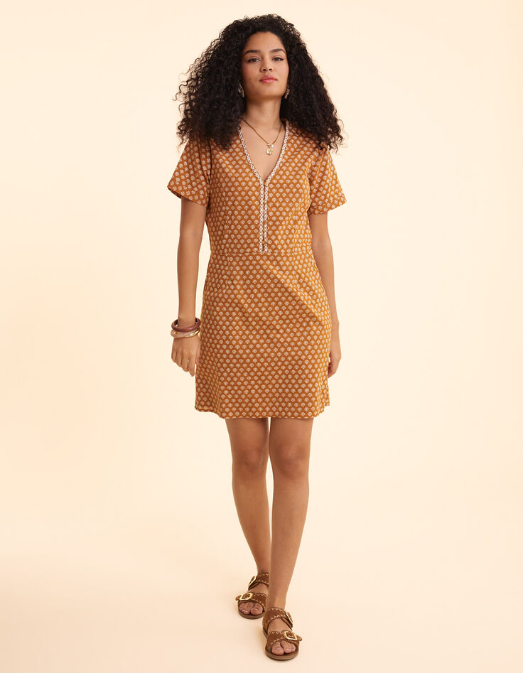 Camelbraunes Kleid mit Blumenprint, Herz I.Code-3