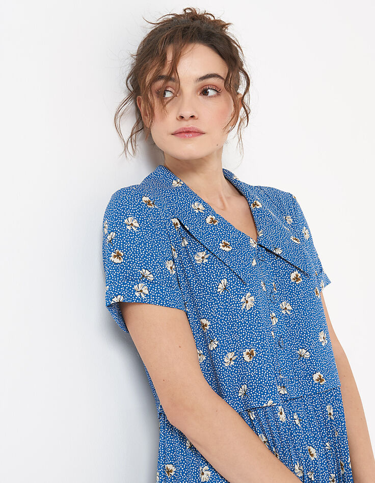 Robe chemise bleue plissée imprimé fleurs et pois I.Code-4