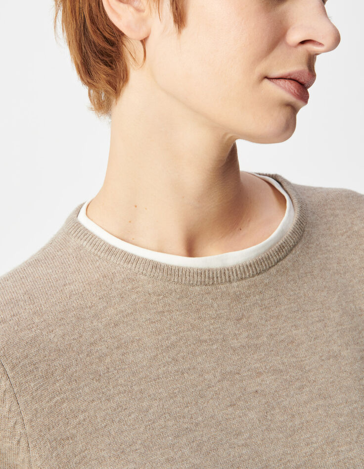Beigefarbener Wollstrickpullover f&uuml;r Damen mit Trompe-l'oeil-Kragen-5