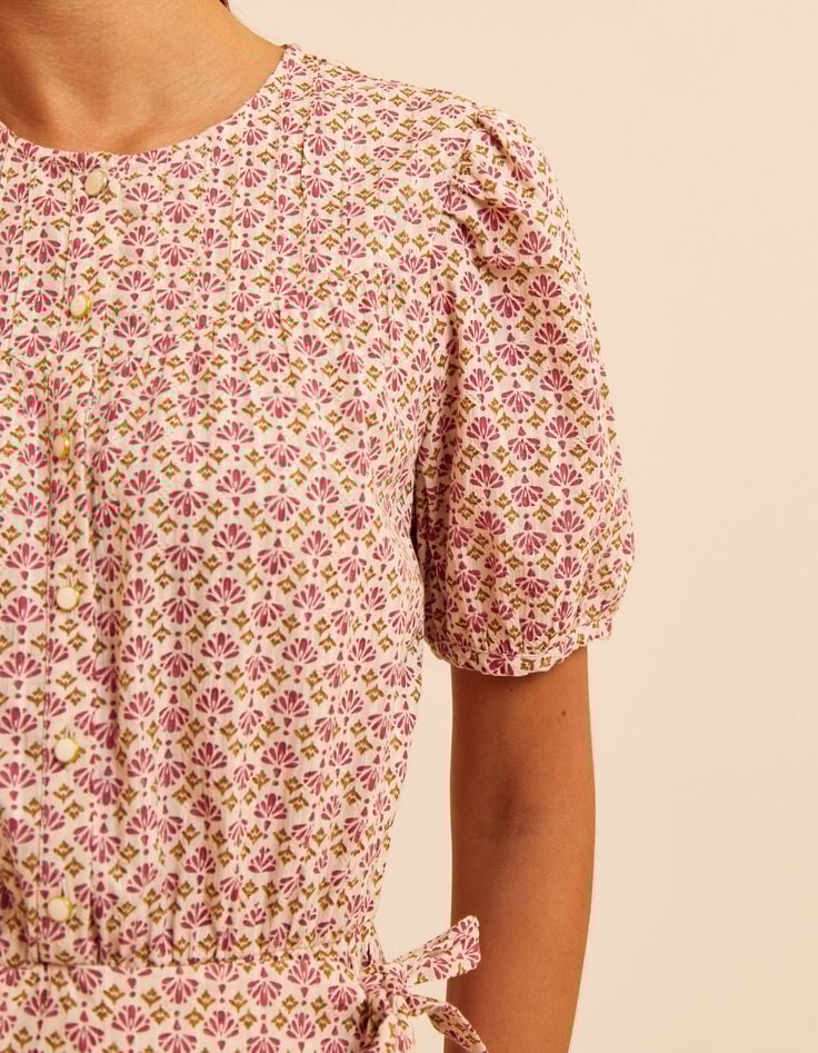 Robe écrue imprimé fleurs indiennes roses I.Code-6 Robe écrue imprimé fleurs indiennes roses I.Code-6
